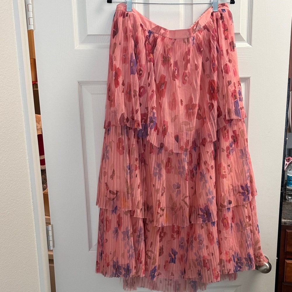 Anthropologie Coral Floral Pleated A-Line Skirt
